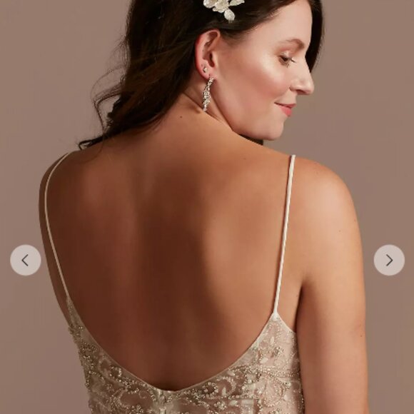 Crepe A Line V Neck Wedding Dress Beaded Low Back - Picture 2 of 14